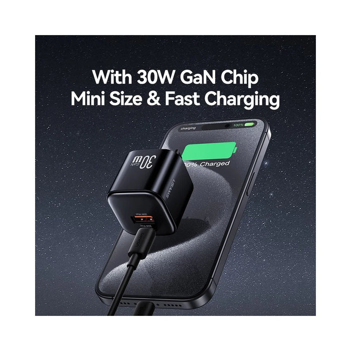 USAMS CC270 30W GaN Mini Dual Port Fast Charger USB-A + Type-C Power Adapter, US Plug - Black - 2