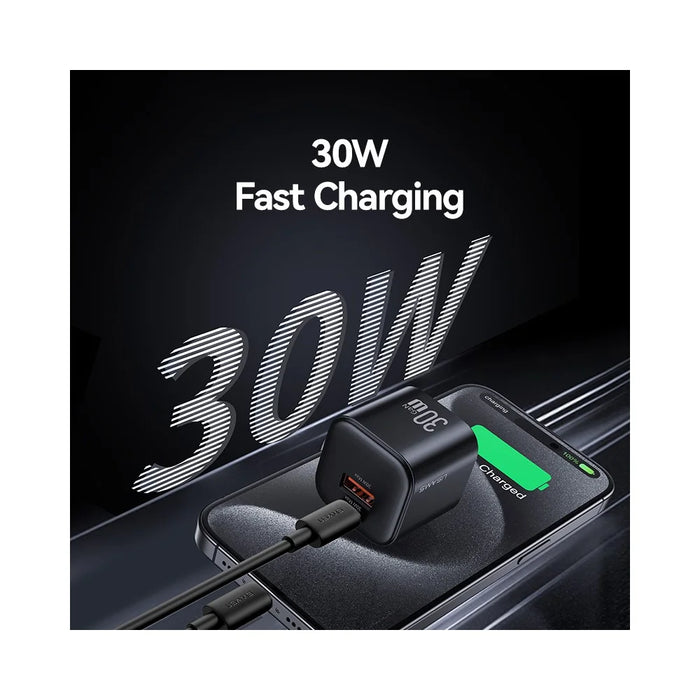 USAMS CC270 30W GaN Mini Dual Port Fast Charger USB-A + Type-C Power Adapter, US Plug - Black - 3