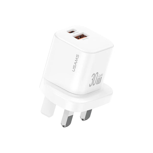 USAMS CC277 30W GaN Mini Dual Port Fast Charger USB-A + Type-C Power Adapter, UK Plug - White - 1