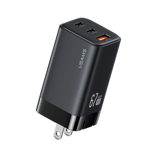 USAMS CC272 67W GaN 3-Port Fast Charger USB + 2 Type-C Phone Tablet Laptop Power Adapter, US Plug - Black - 1