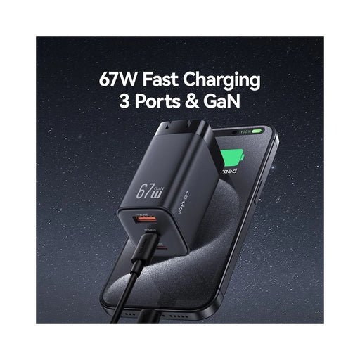 USAMS CC272 67W GaN 3-Port Fast Charger USB + 2 Type-C Phone Tablet Laptop Power Adapter, US Plug - Black - 2