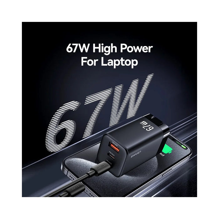 USAMS CC272 67W GaN 3-Port Fast Charger USB + 2 Type-C Phone Tablet Laptop Power Adapter, US Plug - Black - 3