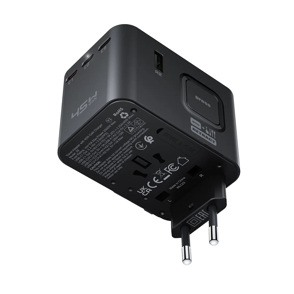 ACEFAST Z8 PD 45W GaN Charger 3 USB-C + 2 USB-A Multifunctional International Travel Adapter - 4