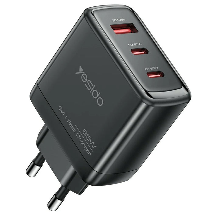 YESIDO YC144 EU Plug 65W GaN Charger 2 USB C + 1 USB A Fast Charging Adapter Multi-Protocol Compatible - 1