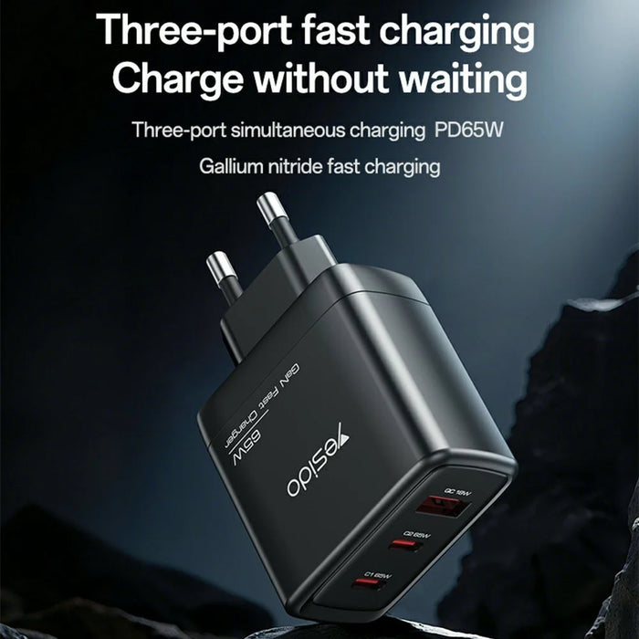 YESIDO YC144 EU Plug 65W GaN Charger 2 USB C + 1 USB A Fast Charging Adapter Multi-Protocol Compatible - 2