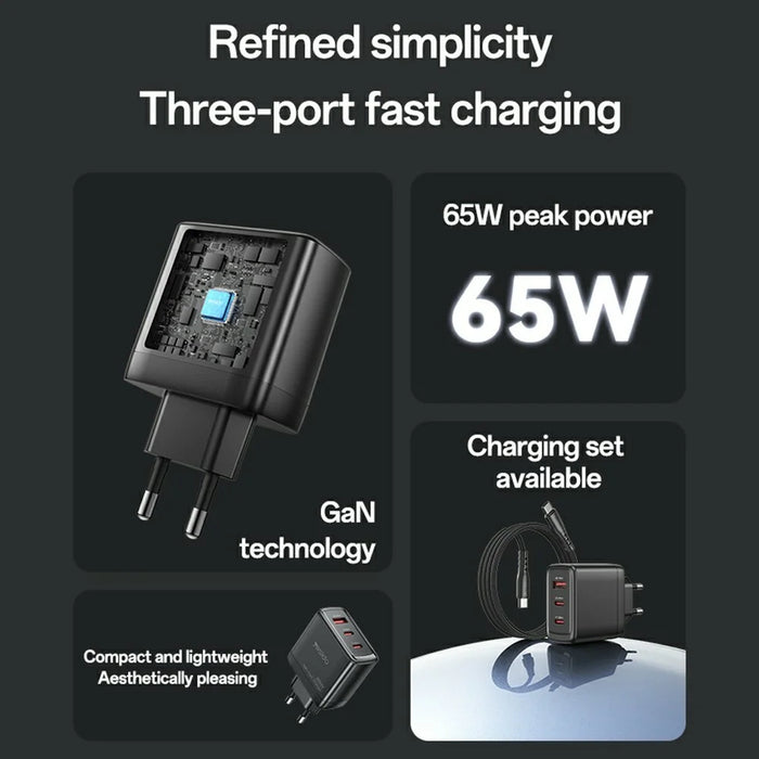 YESIDO YC144 EU Plug 65W GaN Charger 2 USB C + 1 USB A Fast Charging Adapter Multi-Protocol Compatible - 3