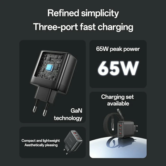 YESIDO YC144C EU Plug 65W GaN Charger 2 USB C + 1 USB A Fast Charging Adapter Multi-Protocol Compatible, with 1.2m Type C Cable - 3