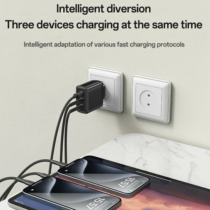 YESIDO YC144C EU Plug 65W GaN Charger 2 USB C + 1 USB A Fast Charging Adapter Multi-Protocol Compatible, with 1.2m Type C Cable - 7