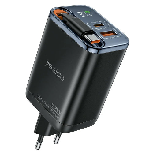 YESIDO YC100 EU Plug 67W GaN Charger with 65cm Retractable Type C Cable Digital Display Fast Charging Adapter - 1