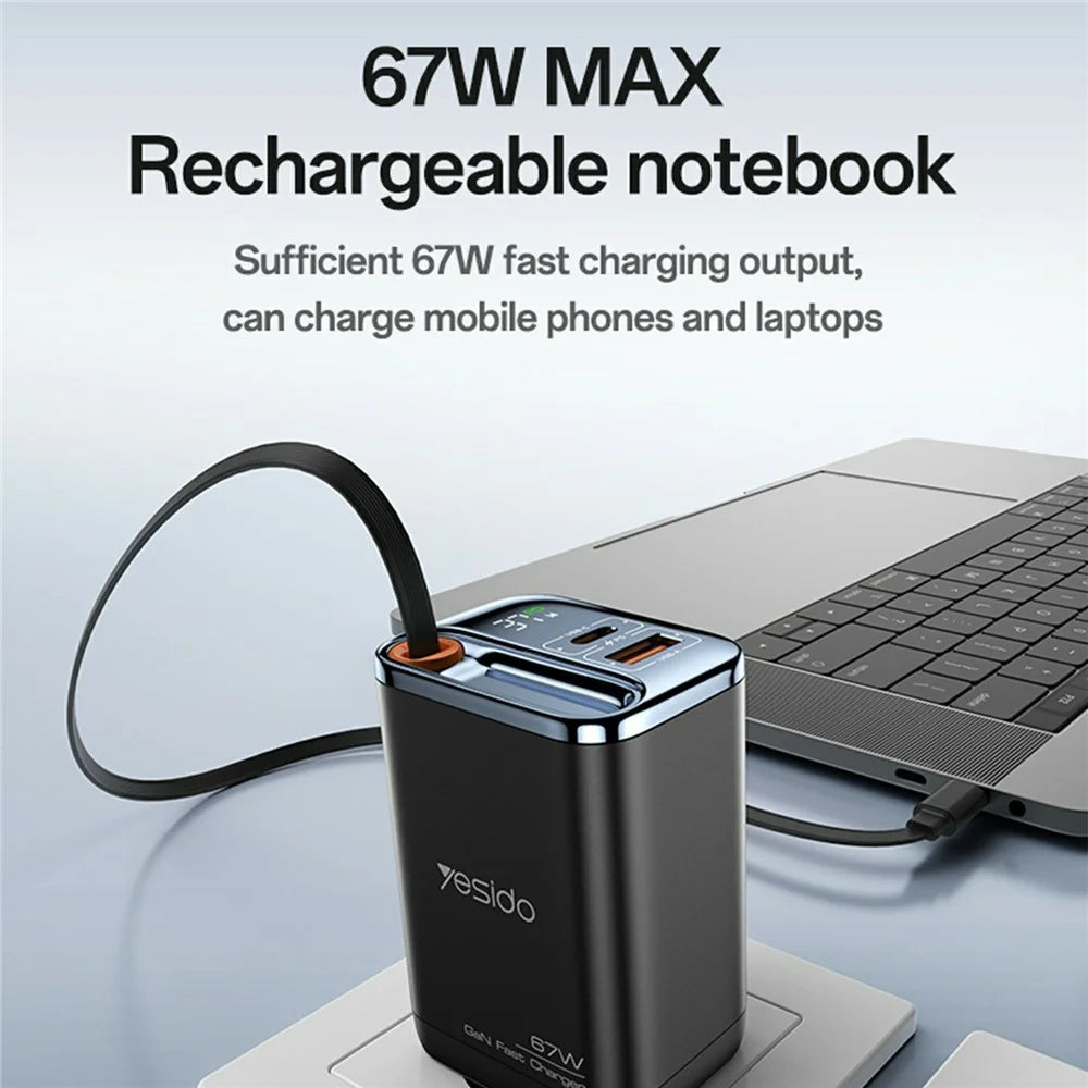 YESIDO YC100 EU Plug 67W GaN Charger with 65cm Retractable Type C Cable Digital Display Fast Charging Adapter - 2