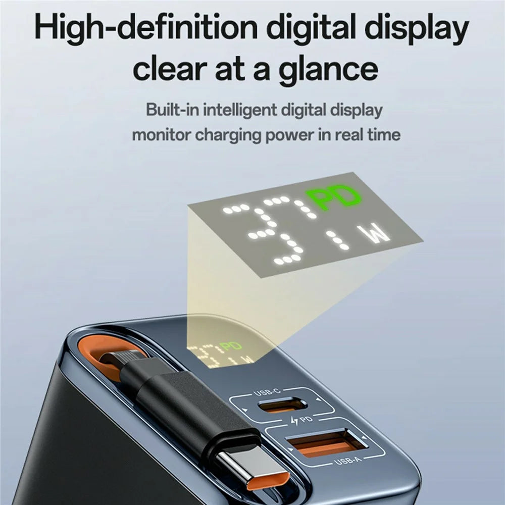 YESIDO YC100 EU Plug 67W GaN Charger with 65cm Retractable Type C Cable Digital Display Fast Charging Adapter - 6