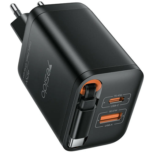 YESIDO YC99 EU Plug 40W Fast Charger with Retractable Type C Cable USB A + USB C Dual Ports GaN Charging Adapter - 1