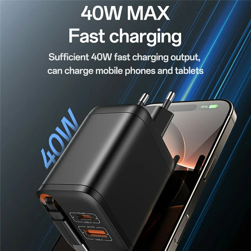 YESIDO YC99 EU Plug 40W Fast Charger with Retractable Type C Cable USB A + USB C Dual Ports GaN Charging Adapter - 2