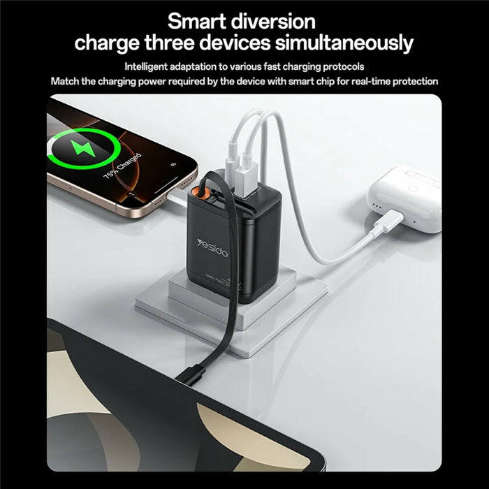 YESIDO YC99 EU Plug 40W Fast Charger with Retractable Type C Cable USB A + USB C Dual Ports GaN Charging Adapter - 3