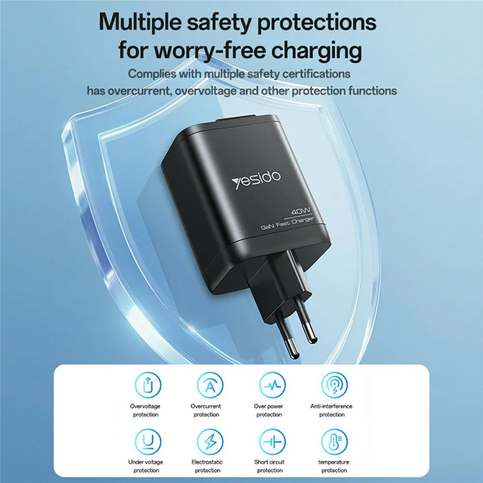 YESIDO YC99 EU Plug 40W Fast Charger with Retractable Type C Cable USB A + USB C Dual Ports GaN Charging Adapter - 6