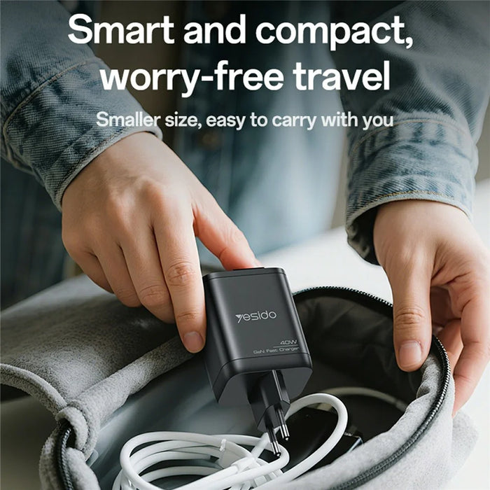 YESIDO YC99 EU Plug 40W Fast Charger with Retractable Type C Cable USB A + USB C Dual Ports GaN Charging Adapter - 7