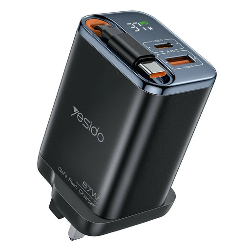 YESIDO YC146 UK Plug 67W GaN Charger with Retractable Type C Cable Digital Display Fast Charging Adapter - 1