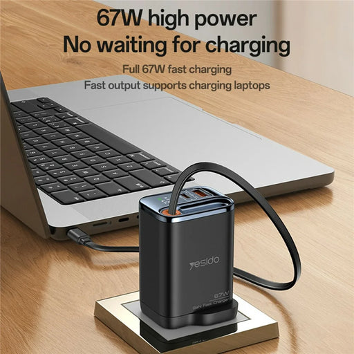YESIDO YC146 UK Plug 67W GaN Charger with Retractable Type C Cable Digital Display Fast Charging Adapter - 2