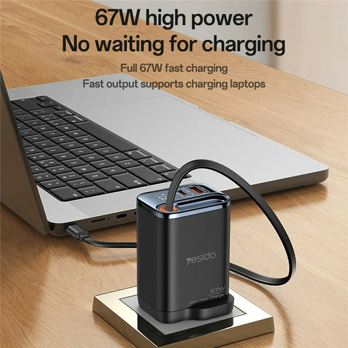 YESIDO YC146 UK Plug 67W GaN Charger with Retractable Type C Cable Digital Display Fast Charging Adapter - 2
