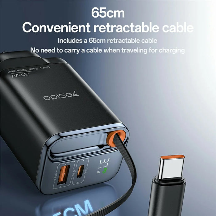 YESIDO YC146 UK Plug 67W GaN Charger with Retractable Type C Cable Digital Display Fast Charging Adapter - 5