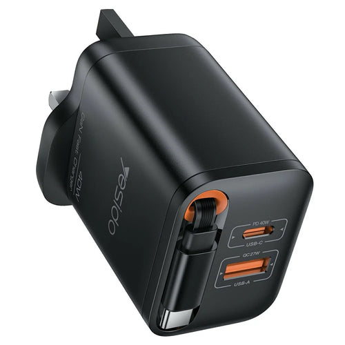 YESIDO YC145 UK Plug 40W Fast Charger with Retractable Type C Cable USB A + USB C Dual Ports GaN Charging Adapter - 1