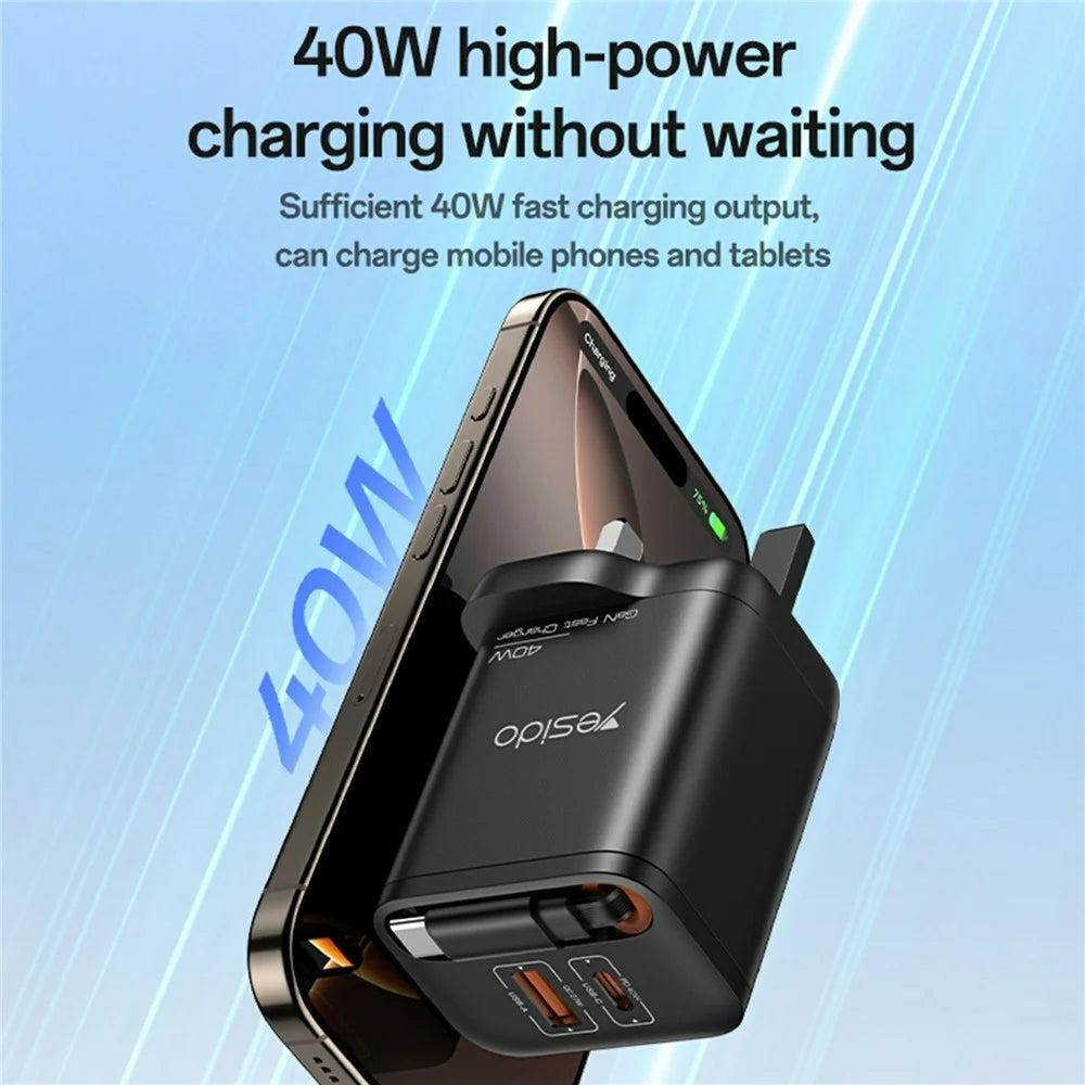 YESIDO YC145 UK Plug 40W Fast Charger with Retractable Type C Cable USB A + USB C Dual Ports GaN Charging Adapter - 2