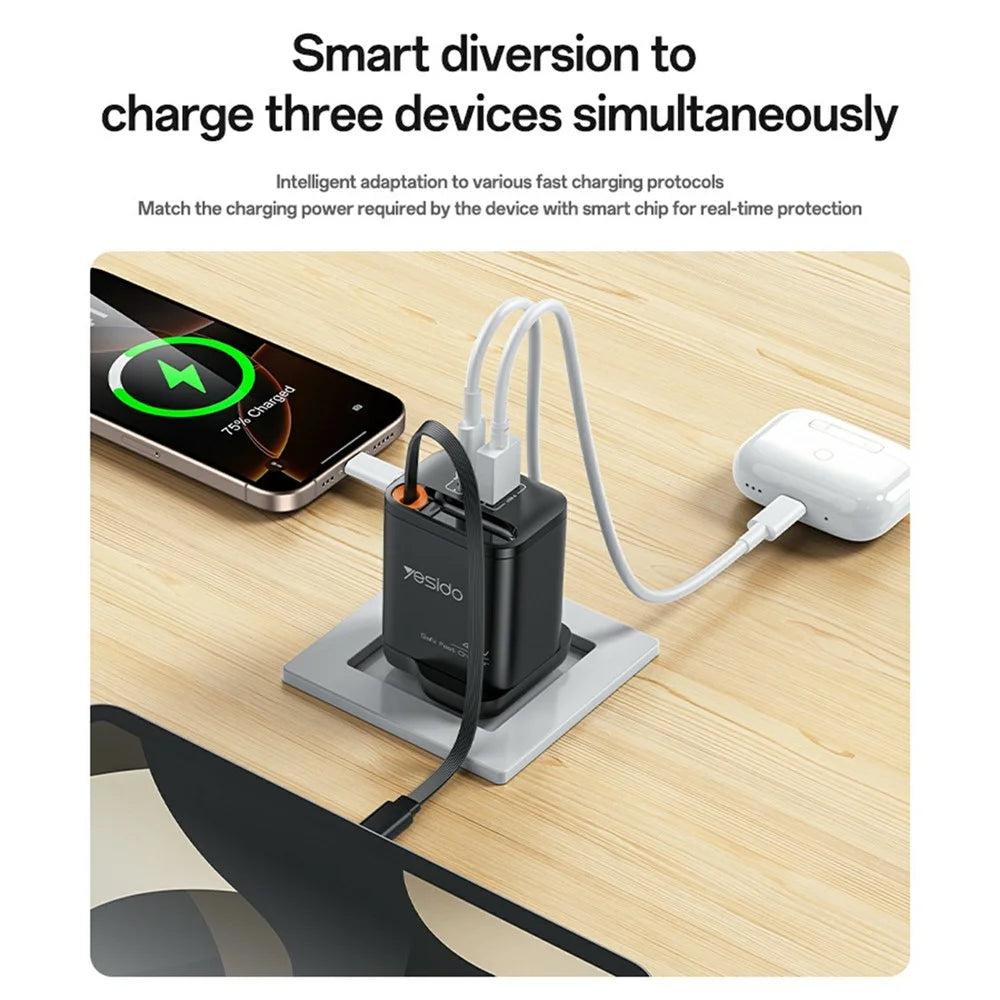 YESIDO YC145 UK Plug 40W Fast Charger with Retractable Type C Cable USB A + USB C Dual Ports GaN Charging Adapter - 3