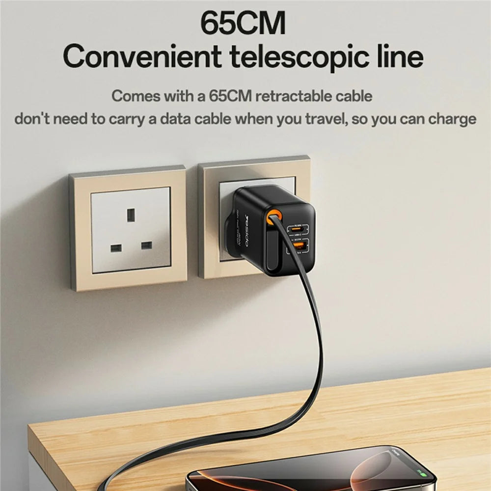 YESIDO YC145 UK Plug 40W Fast Charger with Retractable Type C Cable USB A + USB C Dual Ports GaN Charging Adapter - 5