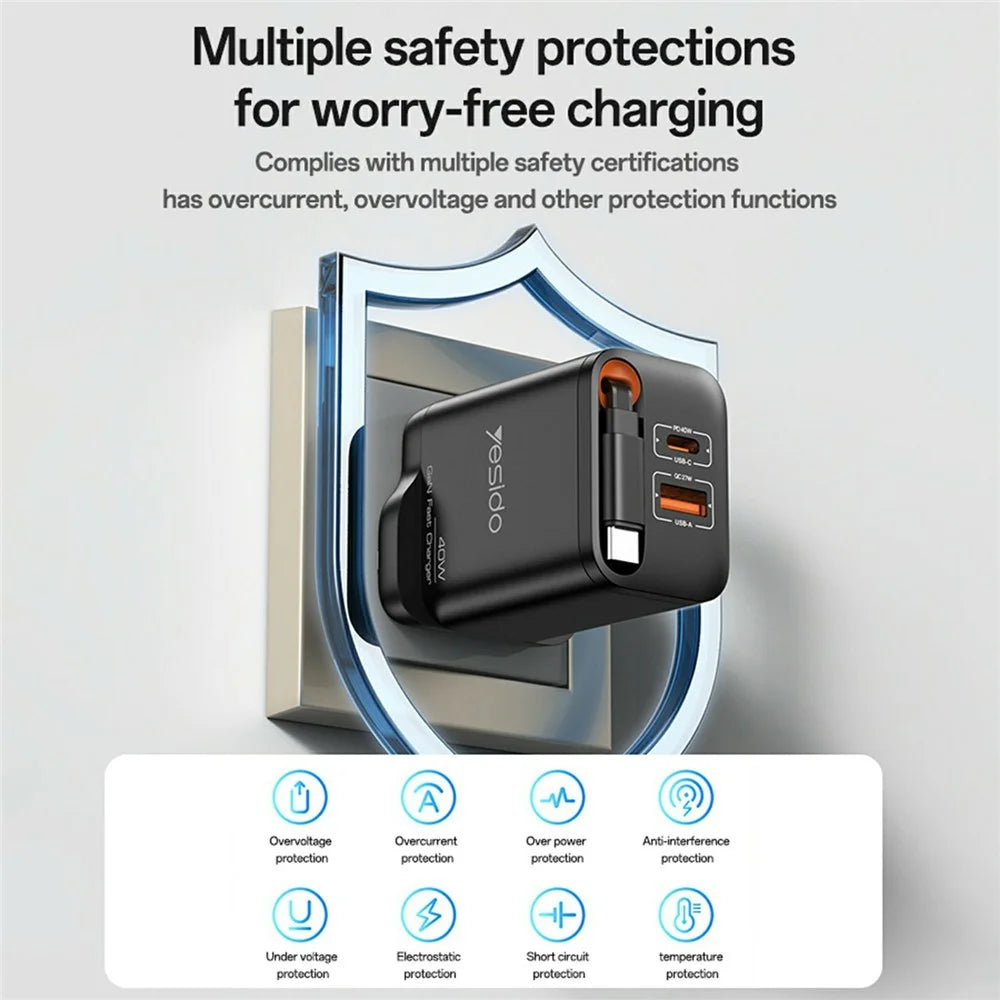 YESIDO YC145 UK Plug 40W Fast Charger with Retractable Type C Cable USB A + USB C Dual Ports GaN Charging Adapter - 6
