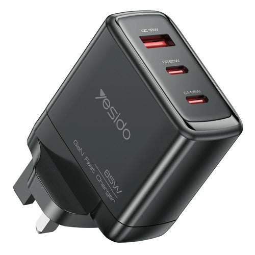 YESIDO YC98 UK Plug 65W High Power GaN Fast Charger 2 USB C + 1 USB A Portable Power Adapter - 1