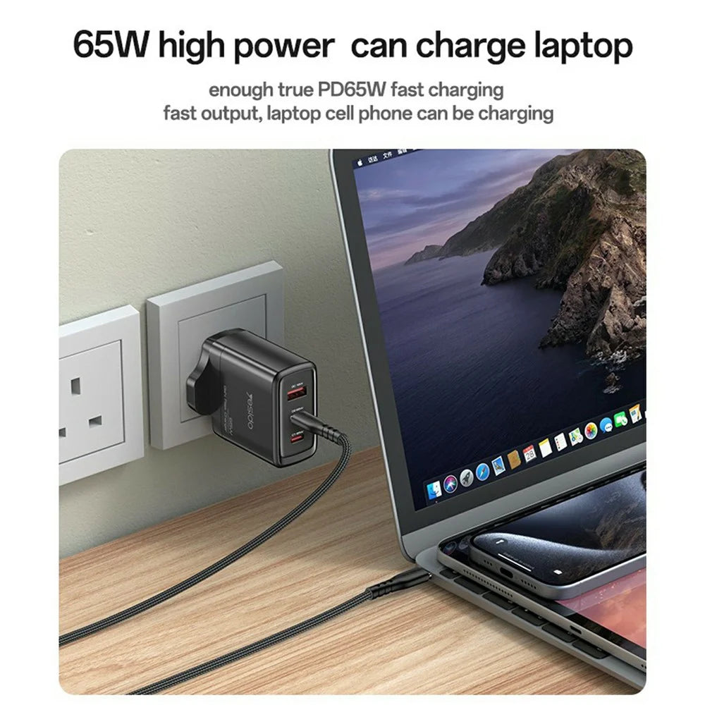 YESIDO YC98 UK Plug 65W High Power GaN Fast Charger 2 USB C + 1 USB A Portable Power Adapter - 3