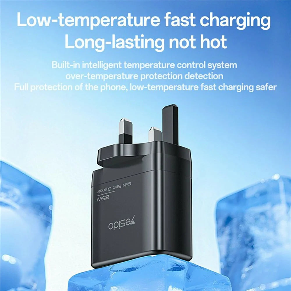 YESIDO YC98 UK Plug 65W High Power GaN Fast Charger 2 USB C + 1 USB A Portable Power Adapter - 4