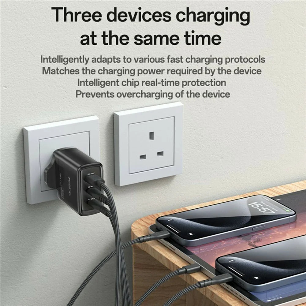 YESIDO YC98 UK Plug 65W High Power GaN Fast Charger 2 USB C + 1 USB A Portable Power Adapter - 5