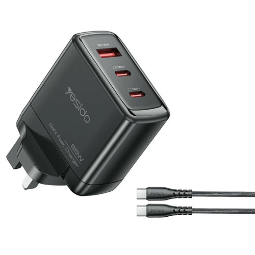 YESIDO YC98C UK Plug 65W High Power GaN Fast Charger 2 USB C + 1 USB A Power Adapter with 1.2m Type C Cable - 1