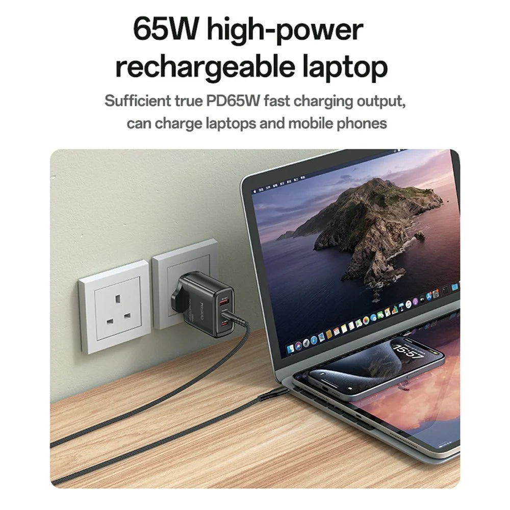 YESIDO YC98C UK Plug 65W High Power GaN Fast Charger 2 USB C + 1 USB A Power Adapter with 1.2m Type C Cable - 3