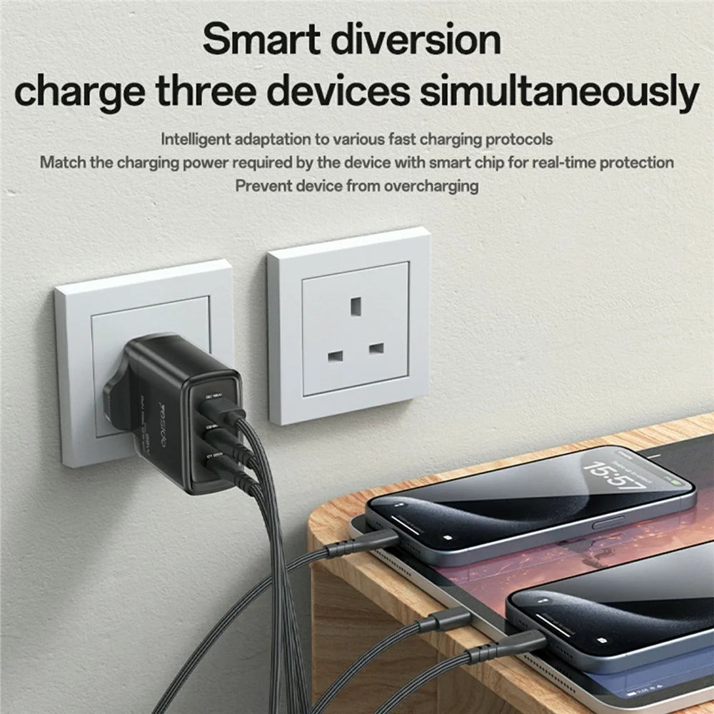 YESIDO YC98C UK Plug 65W High Power GaN Fast Charger 2 USB C + 1 USB A Power Adapter with 1.2m Type C Cable - 5
