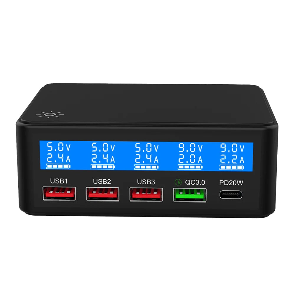 65W USB Charger LCD Display PD 20W QC3.0 Fast Charging Multi-Port Power Adapter for iPhone / iPad / MacBook - Black EU Plug - 1