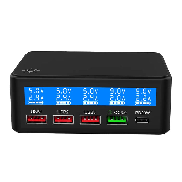 65W USB Charger LCD Display PD 20W QC3.0 Fast Charging Multi-Port Power Adapter for iPhone / iPad / MacBook - Black EU Plug - 1