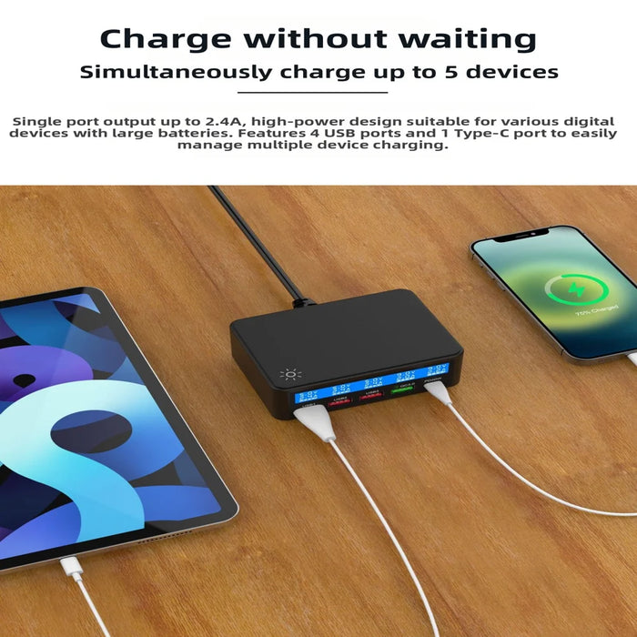 65W USB Charger LCD Display PD 20W QC3.0 Fast Charging Multi-Port Power Adapter for iPhone / iPad / MacBook - Black EU Plug - 3