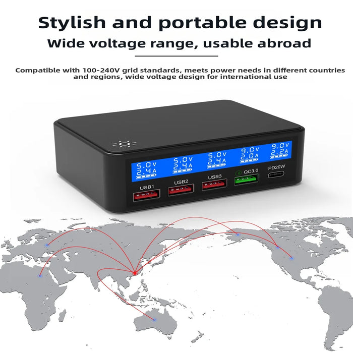 65W USB Charger LCD Display PD 20W QC3.0 Fast Charging Multi-Port Power Adapter for iPhone / iPad / MacBook - Black EU Plug - 4