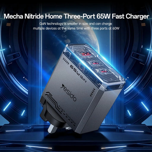 YESIDO YC147 65W GaN Charger Fast Charging Power Adapter with Multiple Ports Mechanical Design for Phones / Tablets - UK Plug - 2