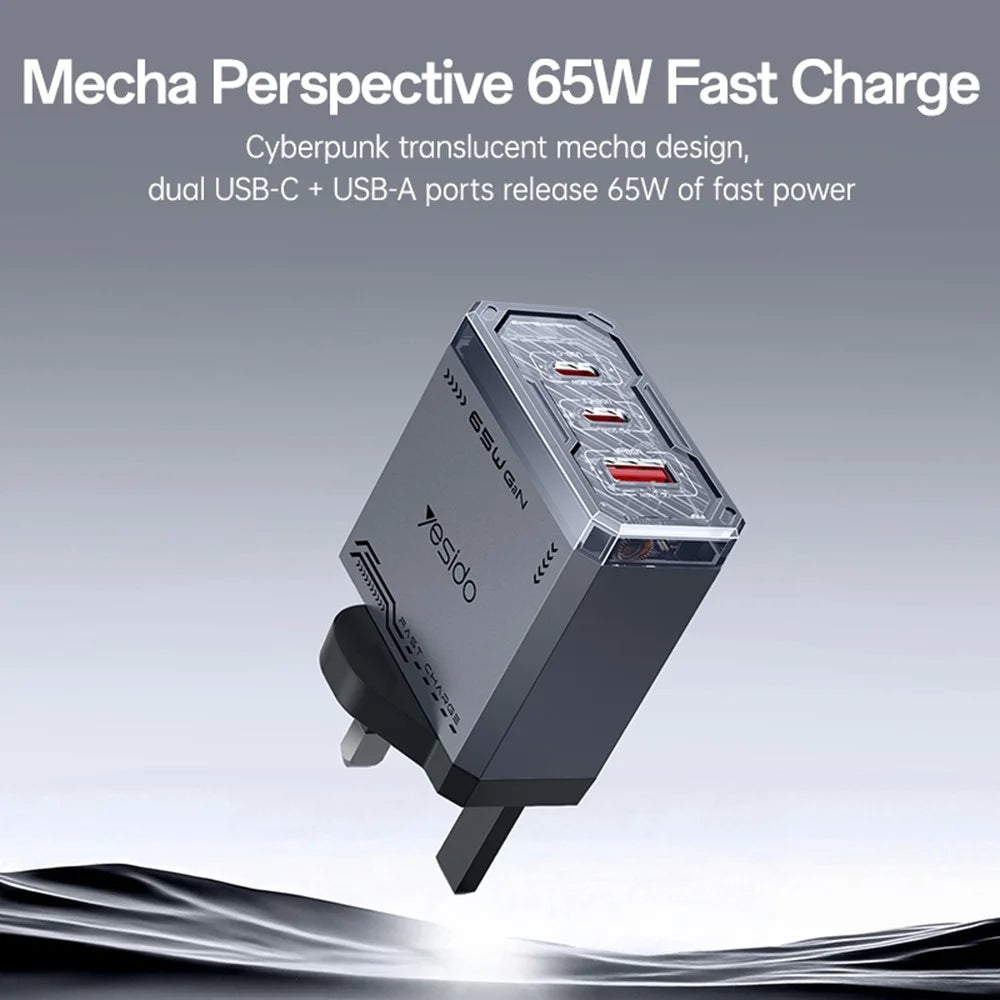 YESIDO YC147 65W GaN Charger Fast Charging Power Adapter with Multiple Ports Mechanical Design for Phones / Tablets - UK Plug - 3
