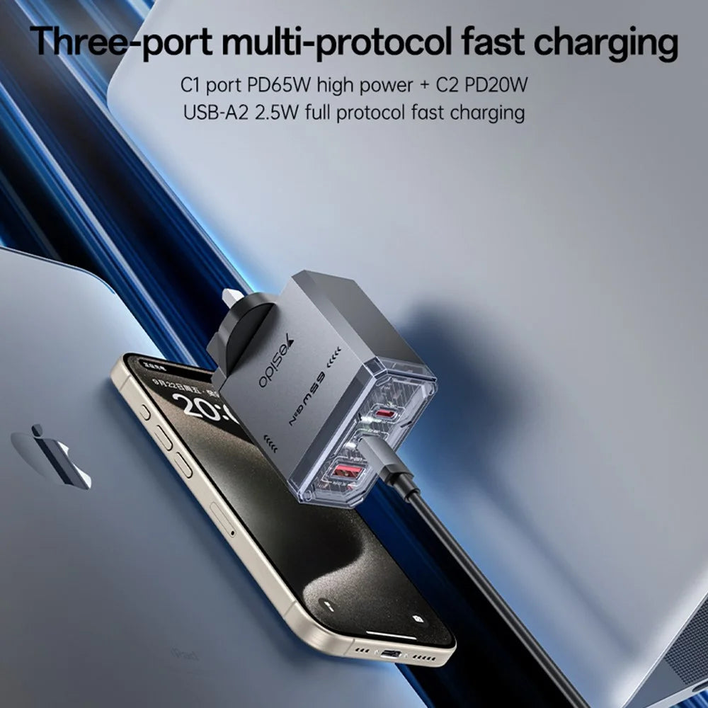 YESIDO YC147 65W GaN Charger Fast Charging Power Adapter with Multiple Ports Mechanical Design for Phones / Tablets - UK Plug - 5