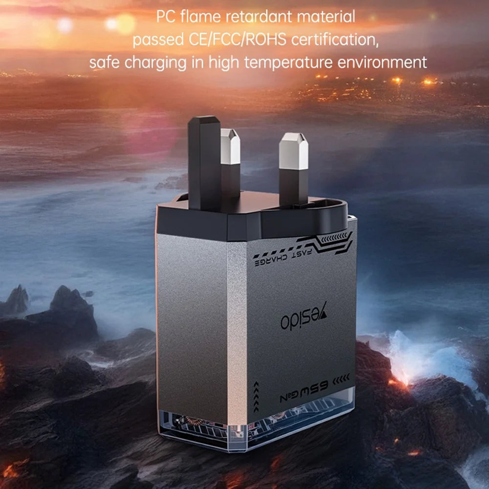 YESIDO YC147 65W GaN Charger Fast Charging Power Adapter with Multiple Ports Mechanical Design for Phones / Tablets - UK Plug - 6