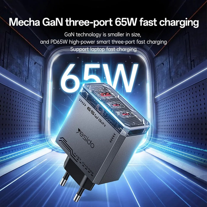 YESIDO YC101 65W GaN Charger USB A + 2 USB C Transparent Mech Fast Charging Adapter - 2