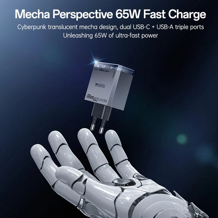 YESIDO YC101 65W GaN Charger USB A + 2 USB C Transparent Mech Fast Charging Adapter - 3