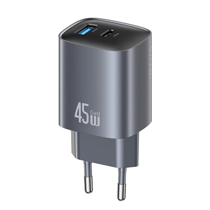 USAMS CC290 45W GaN Dual Port Fast Charger USB-A + USB-C Charger Adapter Quick Charging, EU Plug - Black - 1