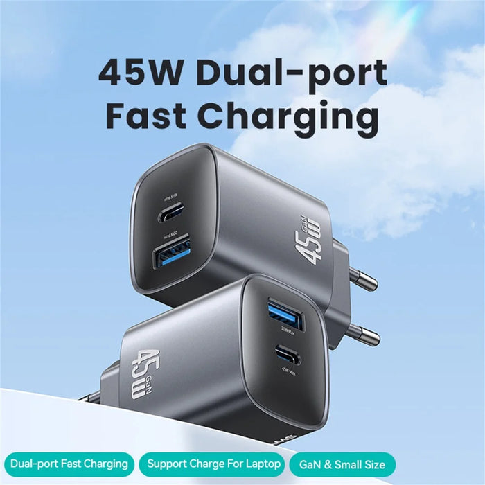 USAMS CC290 45W GaN Dual Port Fast Charger USB-A + USB-C Charger Adapter Quick Charging, EU Plug - Black - 2