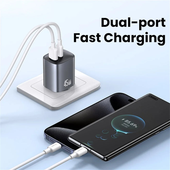 USAMS CC290 45W GaN Dual Port Fast Charger USB-A + USB-C Charger Adapter Quick Charging, EU Plug - Black - 3