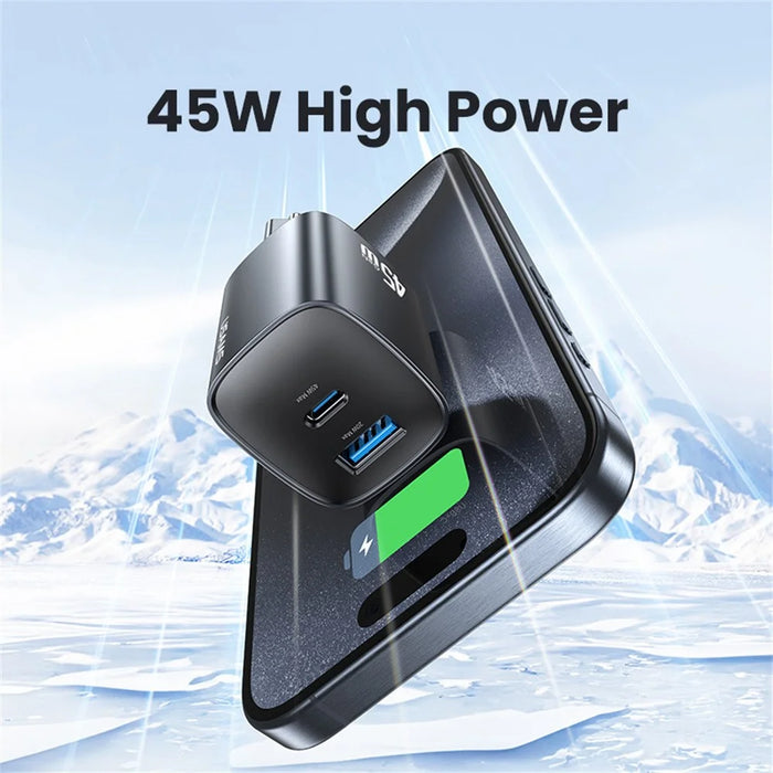 USAMS CC290 45W GaN Dual Port Fast Charger USB-A + USB-C Charger Adapter Quick Charging, EU Plug - Black - 5